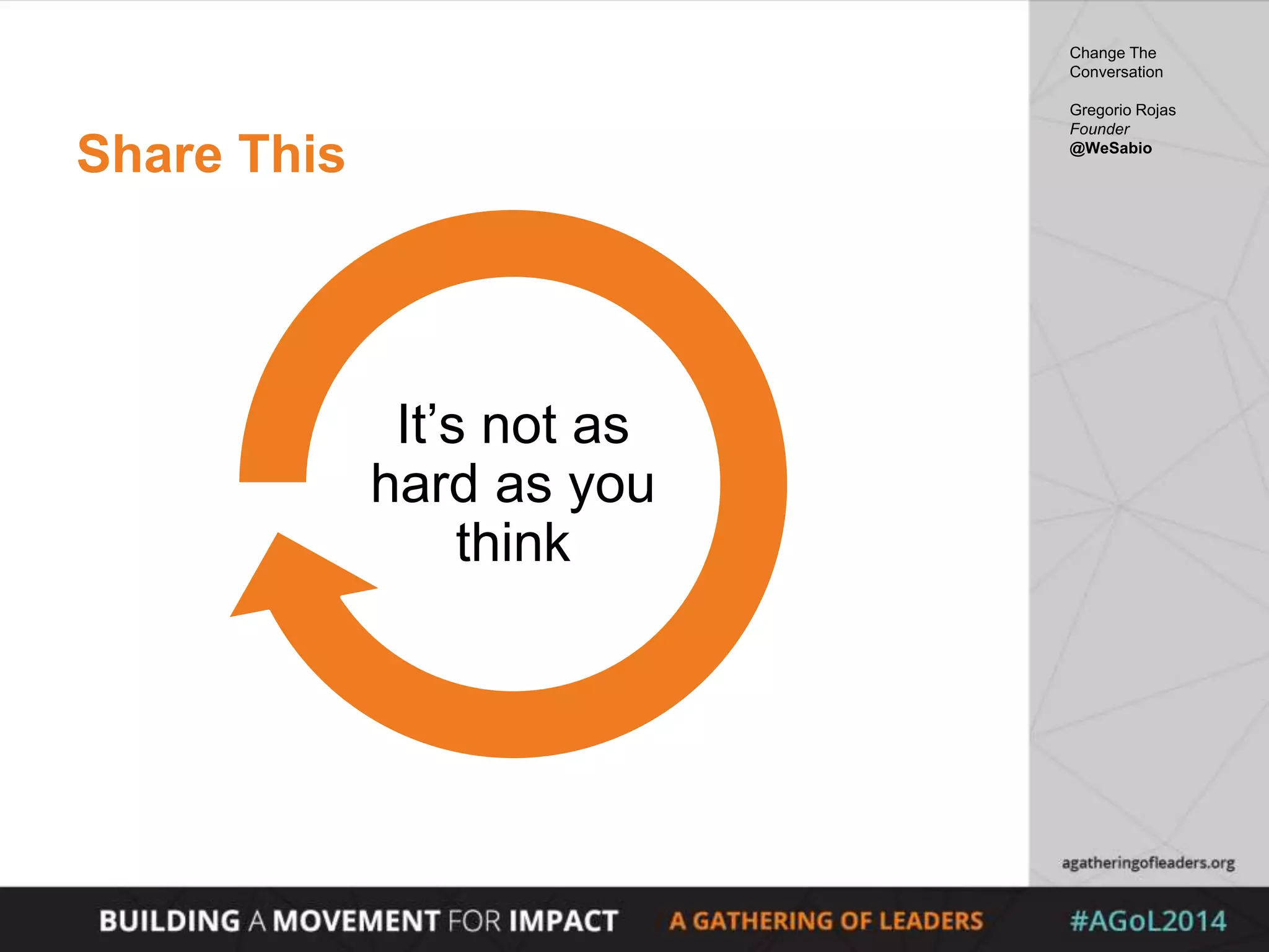 Share This
Change The
Conversation
Gregorio Rojas
Founder
@WeSabio
It’s not as
hard as you
think
 