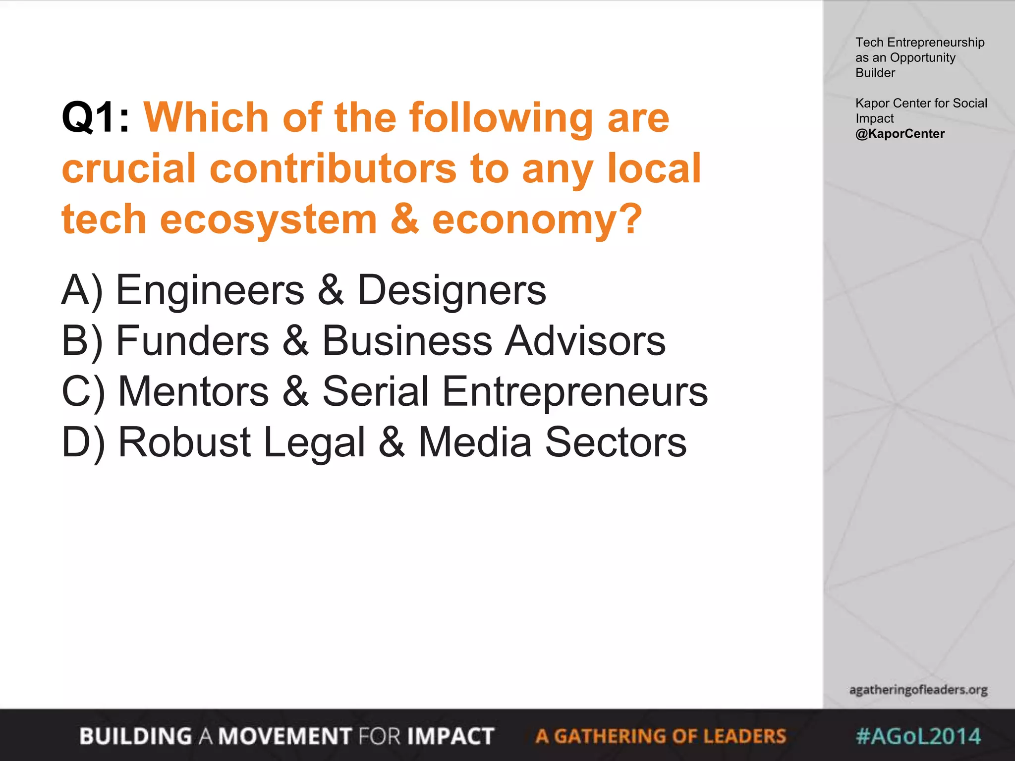 Q1: Which of the following are
crucial contributors to any local
tech ecosystem & economy?
A) Engineers & Designers
B) Funders & Business Advisors
C) Mentors & Serial Entrepreneurs
D) Robust Legal & Media Sectors
Tech Entrepreneurship
as an Opportunity
Builder
Kapor Center for Social
Impact
@KaporCenter
 