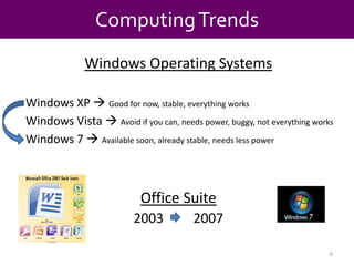 Computing TrendsWindows Operating SystemsWindows XP Good for now, stable, everything worksWindows Vista  Avoid if you can, needs power, buggy, not everything works Windows 7  Available soon, already stable, needs less power  Office Suite2003         20076