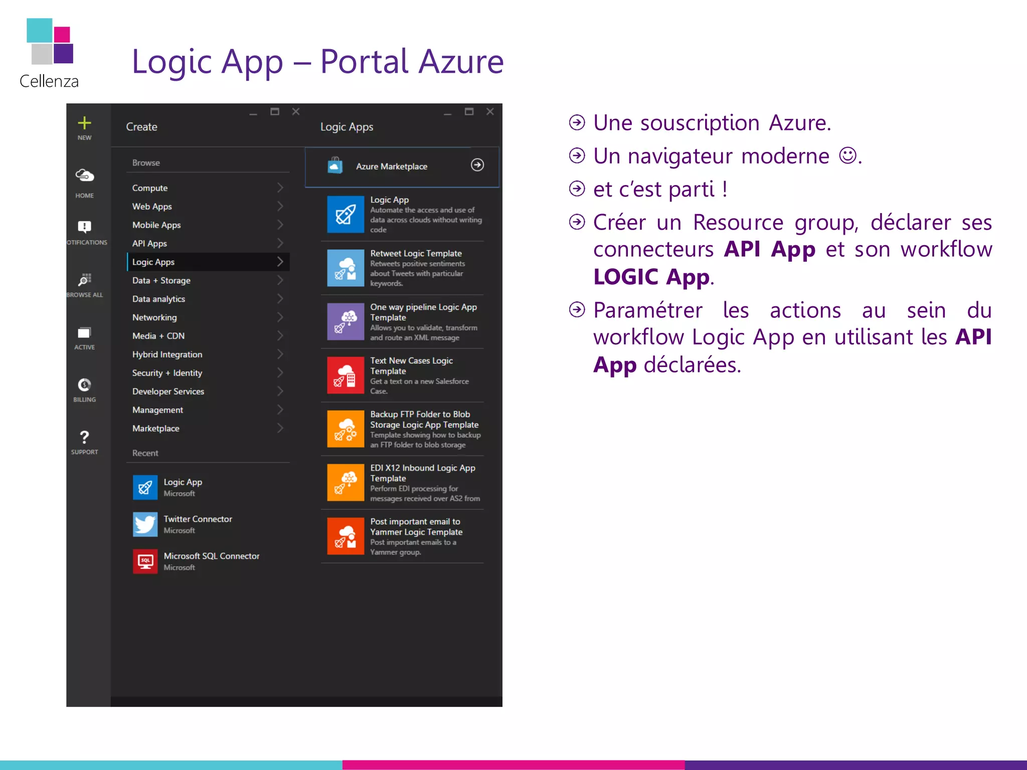 Cellenza
Logic App – Portal Azure
Une souscription Azure.
Un navigateur moderne .
et c’est parti !
Créer un Resource group, déclarer ses
connecteurs API App et son workflow
LOGIC App.
Paramétrer les actions au sein du
workflow Logic App en utilisant les API
App déclarées.
 