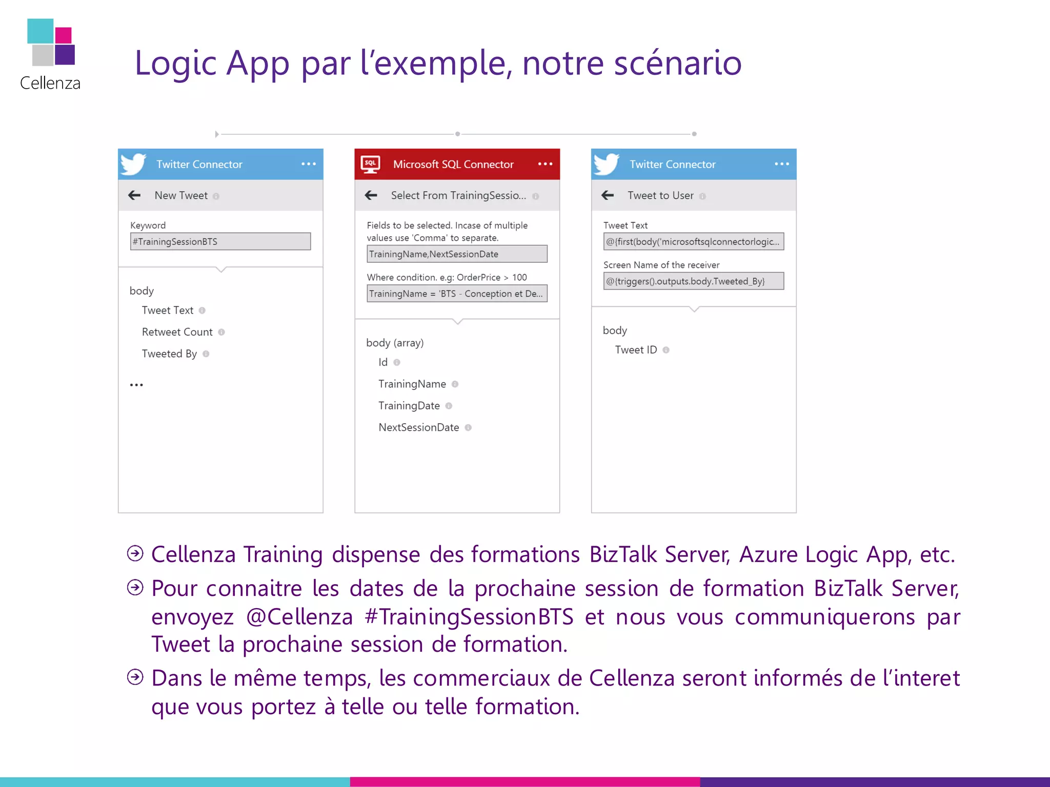 Cellenza
Logic App par l’exemple, notre scénario
Cellenza Training dispense des formations BizTalk Server, Azure Logic App, etc.
Pour connaitre les dates de la prochaine session de formation BizTalk Server,
envoyez @Cellenza #TrainingSessionBTS et nous vous communiquerons par
Tweet la prochaine session de formation.
Dans le même temps, les commerciaux de Cellenza seront informés de l’interet
que vous portez à telle ou telle formation.
 