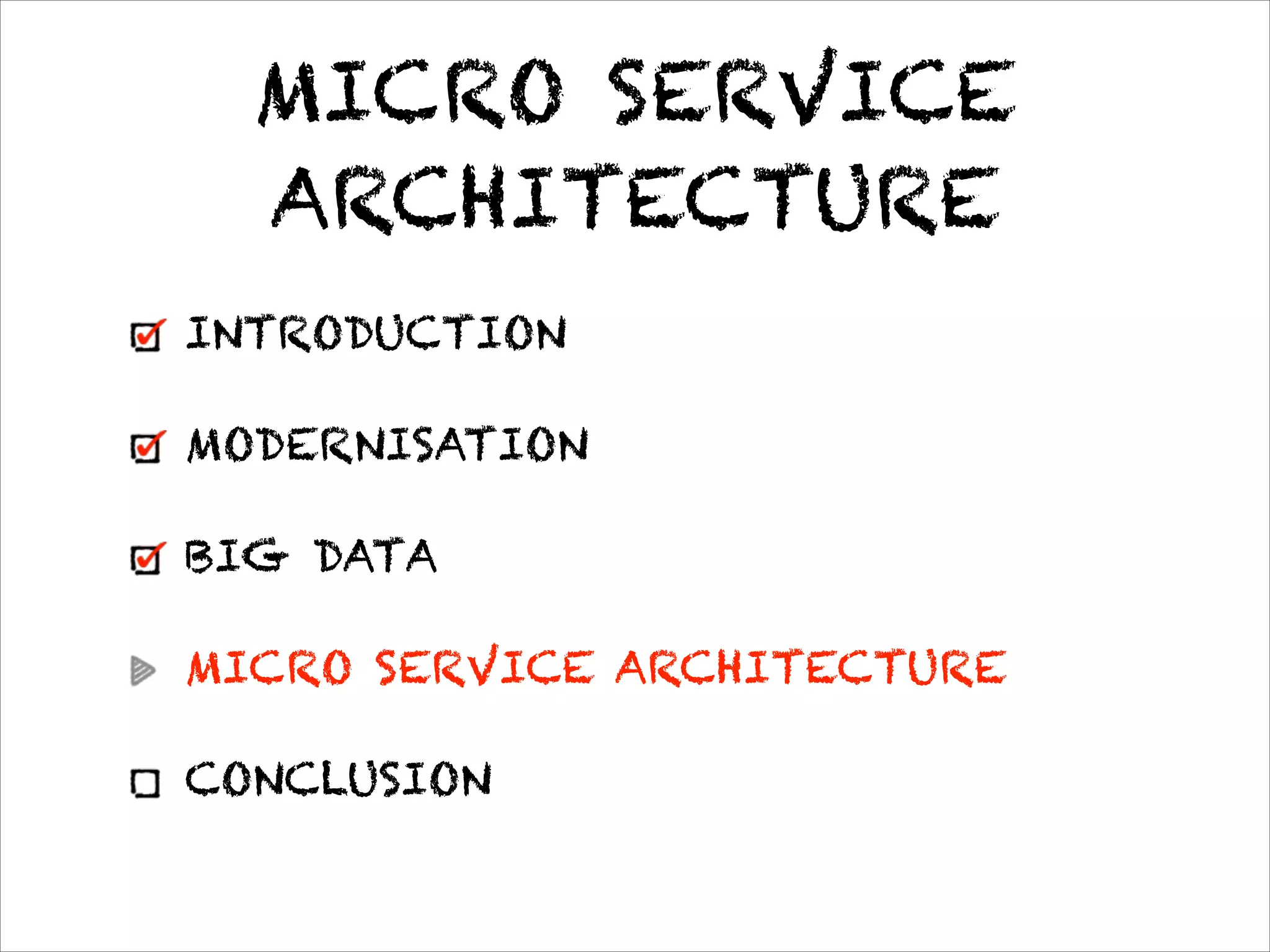 MICRO SERVICE
ARCHITECTURE
INTRODUCTION
MODERNISATION
BIG DATA
MICRO SERVICE ARCHITECTURE
CONCLUSION
 