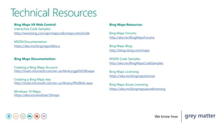 grey matterWe know how
Technical Resources
Bing Maps V8 Web Control:
Interactive Code Samples:
http://www.bing.com/api/maps/sdk/mapcontrol/isdk
MSDN Documentation:
https://aka.ms/bingmapsv8docs
Bing Maps Documentation:
Creating a Bing Maps Account:
http://msdn.microsoft.com/en-us/library/gg650598.aspx
Creating a Bing Maps key:
http://msdn.microsoft.com/en-us/library/ff428642.aspx
Windows 10 Maps:
https://aka.ms/windows10maps
Bing Maps Resources:
Bing Maps Forums:
http://aka.ms/BingMapsForums
Bing Maps Blog:
http://blogs.bing.com/maps
MSDN Code Samples:
http://aka.ms/BingMapsCodeSamples
Bing Maps Licensing:
https://aka.ms/bingmapslicense
Bing Maps Azure Licensing:
https://aka.ms/bingmapsazurelicensing
 
