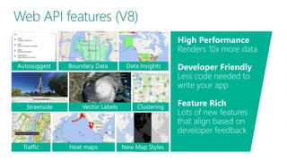 High Performance
Renders 10x more data
Developer Friendly
Less code needed to
write your app
Feature Rich
Lots of new features
that align based on
developer feedback
Web API features (V8)
 
