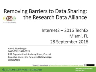 Removing Barriers to Data Sharing:
the Research Data Alliance
Amy	L.	Nurnberger	
0000-0002-5931-072X	
RDA	Organiza=onal	Advisory	Board,	Co-chair	
Columbia	University,	Research	Data	Manager	
@DataAtCU	
Internet2 – 2016 TechEx
Miami, FL
28 September 2016
WWW.RD-ALLIANCE.ORG	
@RESDATALL	
This	work	is	licensed	under	a	Crea=ve	Commons	AOribu=on	4.0	Interna=onal	License.	
 