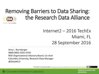 Removing Barriers to Data Sharing:
the Research Data Alliance
Amy L. Nurnberger
0000-0002-5931-072X
RDA Organizational Advisory Board, Co-chair
Columbia University, Research Data Manager
@DataAtCU
Internet2 – 2016 TechEx
Miami, FL
28 September 2016
WWW.RD-ALLIANCE.ORG
@RESDATALL
This work is licensed under a Creative Commons Attribution 4.0 International License.
 