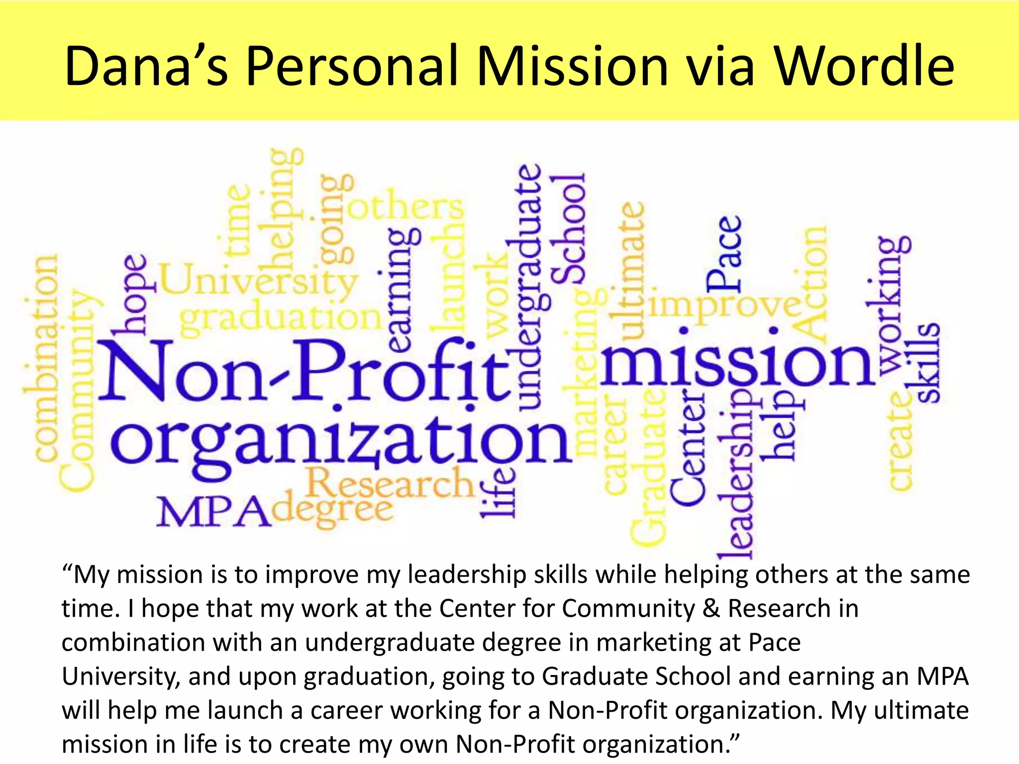 Dana’s Personal Mission via Wordle




“My mission is to improve my leadership skills while helping others at the same
time. I hope that my work at the Center for Community & Research in
combination with an undergraduate degree in marketing at Pace
University, and upon graduation, going to Graduate School and earning an MPA
will help me launch a career working for a Non-Profit organization. My ultimate
mission in life is to create my own Non-Profit organization.”
 