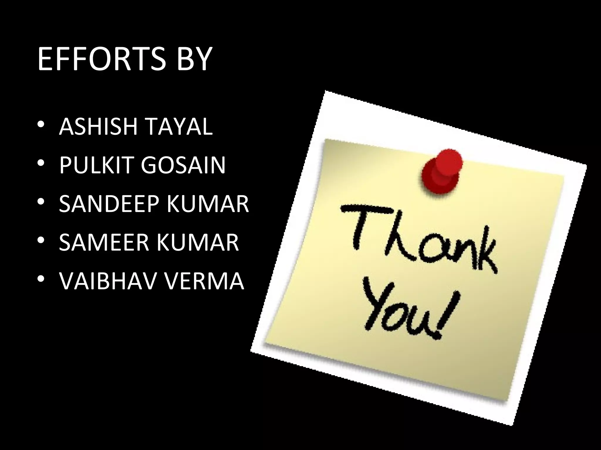 EFFORTS BY
•   ASHISH TAYAL
•   PULKIT GOSAIN
•   SANDEEP KUMAR
•   SAMEER KUMAR
•   VAIBHAV VERMA
 