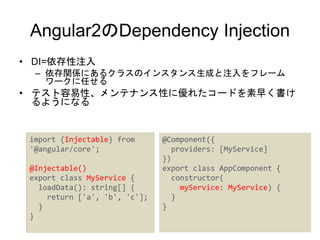 Angular2のDependency Injection
• DI=依存性注入
– 依存関係にあるクラスのインスタンス生成と注入をフレーム
ワークに任せる
• テスト容易性、メンテナンス性に優れたコードを素早く書け
るようになる
import...