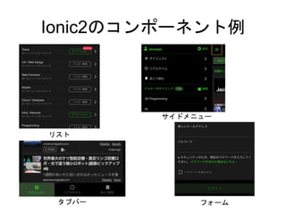 Ionic2のコンポーネント例
リスト
サイドメニュー
フォームタブバー
 
