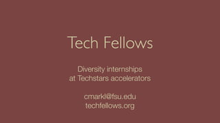 Diversity internships
at Techstars accelerators
cmarkl@fsu.edu
techfellows.org
Tech Fellows
 