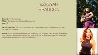 EZREYAH
BRAGDON
From: Be'er Sheba, Israel

Major: Computer and Electrical Engineering

Age: 17

Why I’m excited: This opportunity will help me develop skills I need to start my own
technology company.

Future: I plan on making a diﬀerence. By joining this program, I will acquire experience
and knowledge in this area which will later allow me to educate others and do what I
have always wanted to do which is innovate.

 