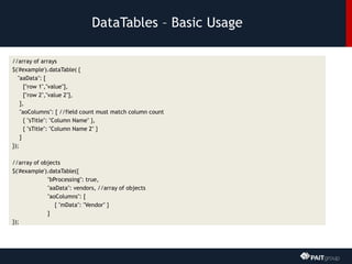 DataTables – Basic Usage
//array of arrays
$('#example').dataTable( {
"aaData": [
["row 1","value"],
["row 2","value 2"],
],
"aoColumns": [ //field count must match column count
{ "sTitle": "Column Name" },
{ "sTitle": "Column Name 2" }
]
});
//array of objects
$('#example').dataTable({
"bProcessing": true,
"aaData": vendors, //array of objects
"aoColumns": [
{ "mData": "Vendor" }
]
});
 