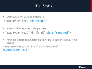 The Basics
• Use regular HTML with unique ID
<input type=“text” id=“Email”>
• Make a field required using a class
<input type=“text” id=“Email” class=“required”>
• Promote a field to a SharePoint List Field (use INTERNAL field
name)
<input type=“text” id=“Email” class=“required”
listFieldName=“Title”>
 