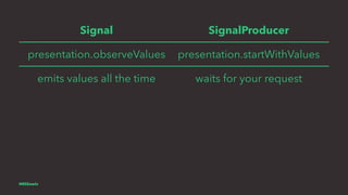 Signal SignalProducer
presentation.observeValues presentation.startWithValues
emits values all the time waits for your req...