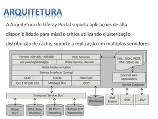 A Arquitetura do Liferay Portal suporta aplicações de alta
disponibilidade para missão crítica utilizando clusterização,
distribuição de cache, suporte a replicação em múltiplos servidores.
 