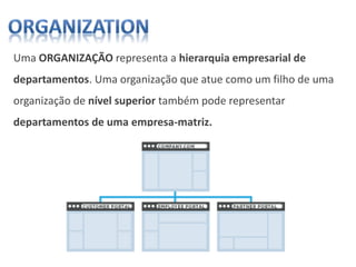 Uma ORGANIZAÇÃO representa a hierarquia empresarial de
departamentos. Uma organização que atue como um filho de uma
organização de nível superior também pode representar
departamentos de uma empresa-matriz.
 