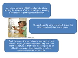 Ayres and Langone (2007) conducted a study testing the effects of video modeling on learning a social skill of putting groceries away.The participants were pretested, shown the video model and then tested again. http://gozone.net/images/st08-kids-computer-240-g-200299053-001.jpgIn all instances the participants  improved in their abilities to put groceries away matching the first mentioned study in that video modeling can be an effective means of teaching autistic children communication and social skills.