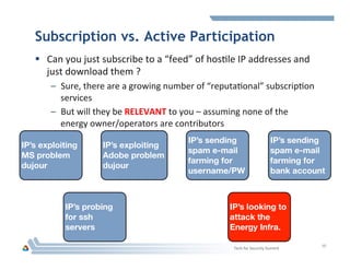 Subscription vs. Active Participation
§  Can	
  you	
  just	
  subscribe	
  to	
  a	
  “feed”	
  of	
  hosHle	
  IP	
  addresses	
  and	
  
just	
  download	
  them	
  ?	
  
–  Sure,	
  there	
  are	
  a	
  growing	
  number	
  of	
  “reputaHonal”	
  subscripHon	
  
services	
  
–  But	
  will	
  they	
  be	
  RELEVANT	
  to	
  you	
  –	
  assuming	
  none	
  of	
  the	
  
energy	
  owner/operators	
  are	
  contributors	
  
10	
  
Tech	
  for	
  Security	
  Summit	
  
IP’s exploiting
MS problem
dujour
IP’s exploiting
Adobe problem
dujour
IP’s sending
spam e-mail
farming for
username/PW
IP’s sending
spam e-mail
farming for
bank account
IP’s probing
for ssh
servers
IP’s looking to
attack the
Energy Infra.
 