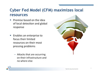 Cyber Fed Model (CFM) maximizes local
resources
§  Premise	
  based	
  on	
  the	
  idea	
  
of	
  local	
  detecHon	
  and	
  global	
  
response	
  
§  Enables	
  an	
  enterprise	
  to	
  
focus	
  their	
  limited	
  
resources	
  on	
  their	
  most	
  
pressing	
  problems	
  
–  A5acks	
  that	
  are	
  occurring	
  
on	
  their	
  infrastructure	
  and	
  
no	
  where	
  else	
  
7	
  
Tech	
  for	
  Security	
  Summit	
  
 