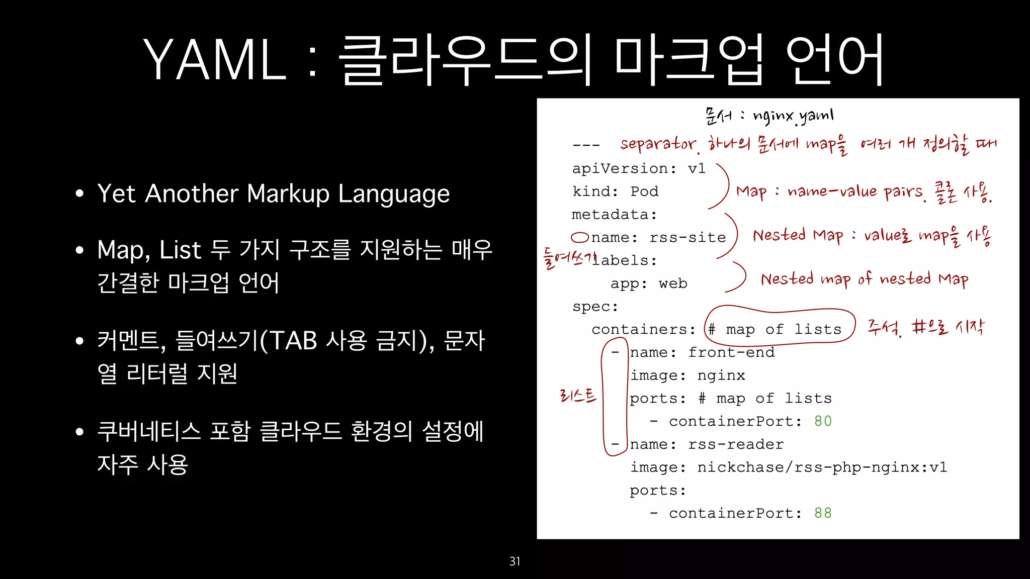 YAML : 클라우드의 마크업 언어
• Yet Another Markup Language
• Map, List 두 가지 구조를 지원하는 매우
간결한 마크업 언어
• 커멘트, 들여쓰기(TAB 사용 금지), 문자
열 리터럴 지원
• 쿠버네티스 포함 클라우드 환경의 설정에
자주 사용
31
 