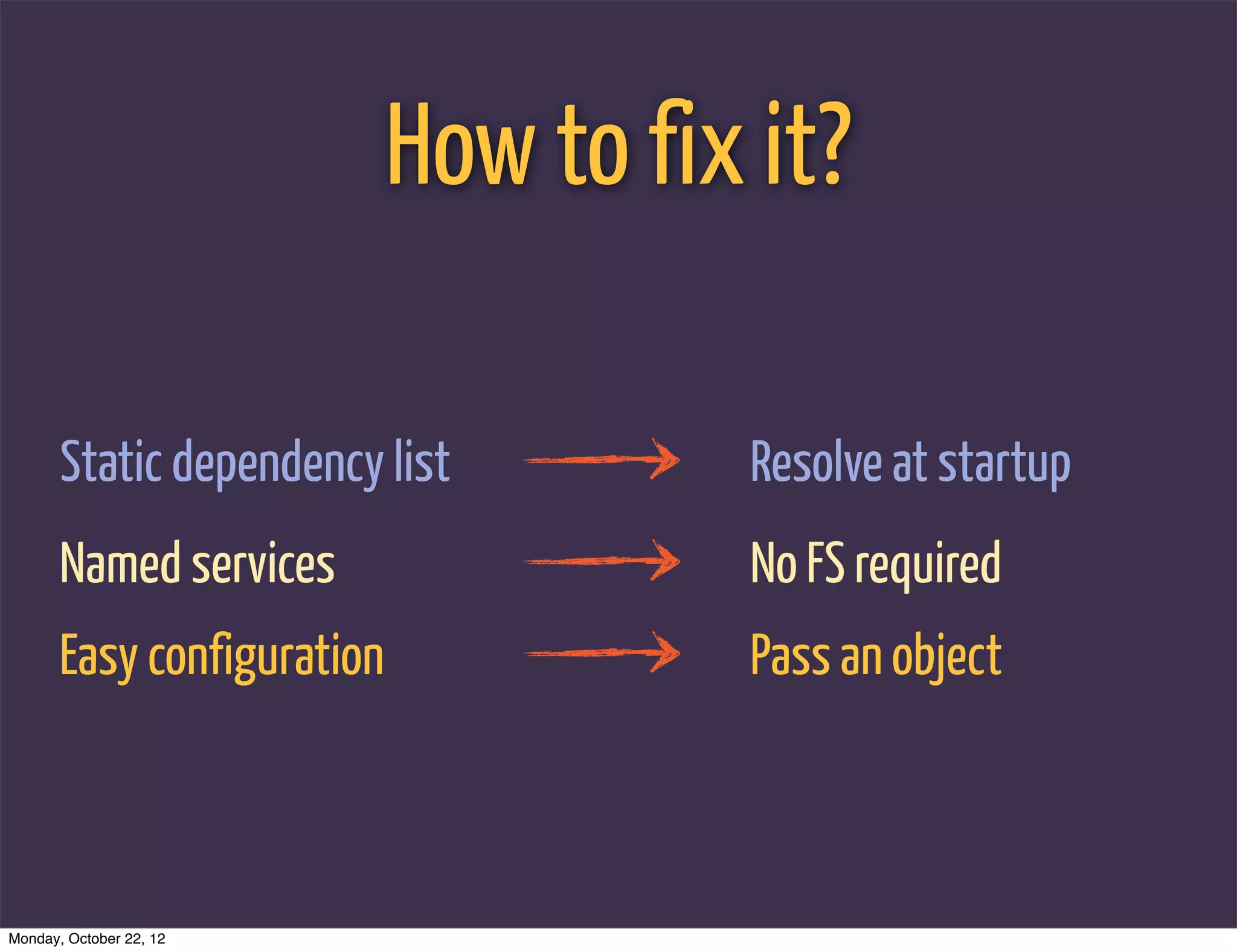 How to fix it?

       Static dependency list         Resolve at startup
       Named services                 No FS required
       Easy configuration             Pass an object



Monday, October 22, 12
 