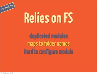 re
 requi



                         Relies on FS
                           duplicated modules
                          maps to folder names
                         Hard to configure module

Monday, October 22, 12
 