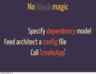 No black magic

                Specify dependency model
      Feed architect a config file
                 Call ‘createApp’

Monday, October 22, 12
 