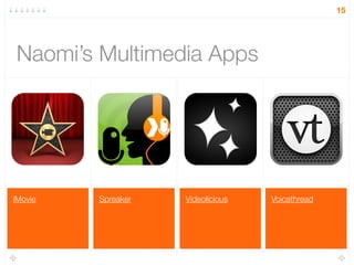 VoicethreadVideoliciousSpreakeriMovie
Naomi’s Multimedia Apps
15
 