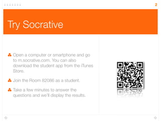 Try Socrative
Open a computer or smartphone and go
to m.socrative.com. You can also
download the student app from the iTunes
Store.
Join the Room 82086 as a student.
Take a few minutes to answer the
questions and we’ll display the results.
2
 