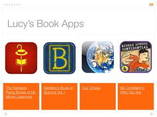 Be Conﬁdent in
Who You Are
Our ChoiceBartleby’s Book of
Buttons Vol. I
The Fantastic
Flying Books of Mr.
Morris Lessmore
Lucy’s Book Apps
20
 