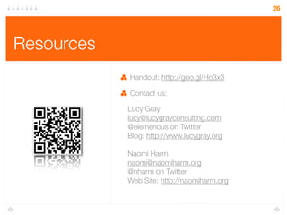 Resources
Handout: http://goo.gl/Ho3x3
Contact us:
Lucy Gray
lucy@lucygrayconsulting.com
@elemenous on Twitter
Blog: http://www.lucygray.org
Naomi Harm
naomi@naomiharm.org
@nharm on Twitter
Web Site: http://naomiharm.org
26
 