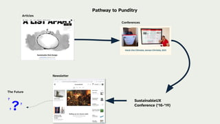 Pathway to Punditry
Articles
Conferences
SustainableUX
Conference (‘16-’19)
Newsletter
The Future
?
??
?
 