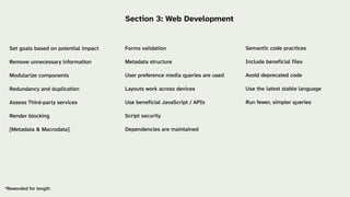 Semantic code practices
Include beneficial files
Avoid deprecated code
Use the latest stable language
Run fewer, simpler queries
Forms validation
Metadata structure
User preference media queries are used
Layouts work across devices
Use beneficial JavaScript / APIs
Script security
Dependencies are maintained
*Reworded for length
Section 3: Web Development
Set goals based on potential impact
Remove unnecessary information
Modularize components
Redundancy and duplication
Assess Third-party services
Render blocking
[Metadata & Macrodata]
 