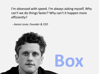 - Aaron Levie, Founder & CEO
I'm obsessed with speed. I'm always asking myself, Why
can't we do things faster? Why can't it happen more
efficiently?
 