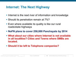 Considering its significance, huge investments have been made or planned on National Broadband Network programs worldwideBubble size= Govt. spendNBN coverage, speed offered and extent of government spendSouth Korea (~$1.5B)Singapore (~$1B)JapanVarious models of govt. engagement/ funding (low-Sweden vs. high-Australia)Australia (~$25B)NZFranceUSA (~$7B)SpainFinlandGreeceGermanyEstoniaSlovakiaAustriaUKMalaysiaIndia (~$6-12B1)LithuaniaBangladesh ($ 450 mil)Brazil20100406080       1.  Per TRAI report, investt. of Rs. 28K-60KcroresSOURCE: EIU, TRAI, OECD, Cisco IBSG SP analysis