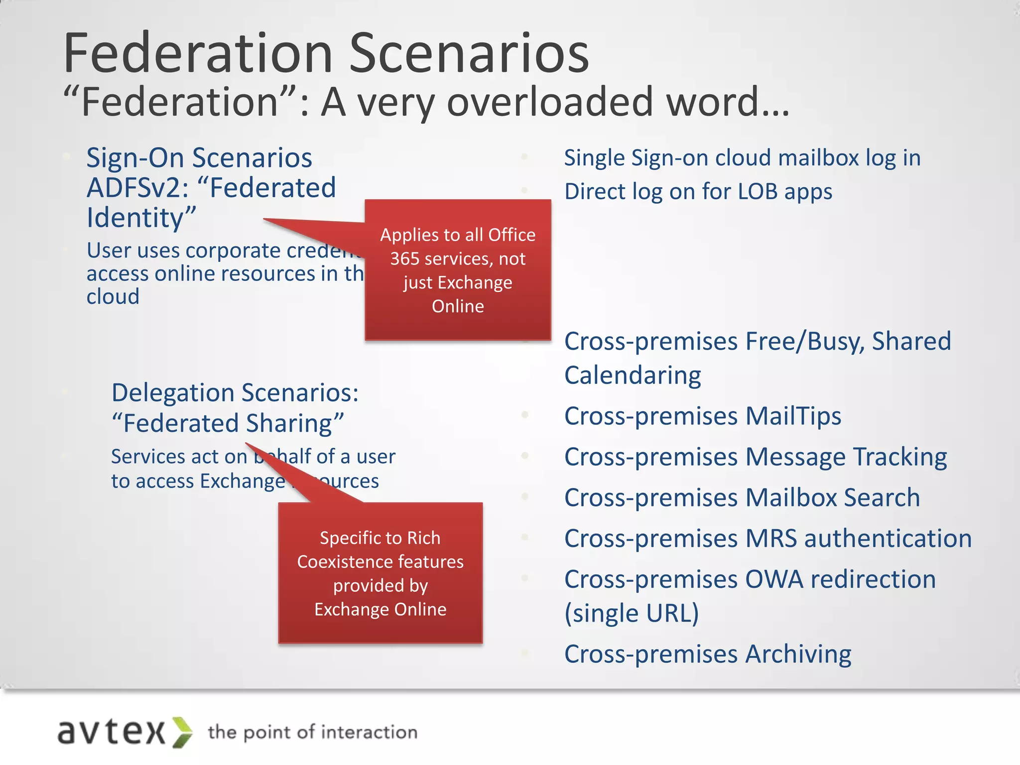 Federation Scenarios
“Federation”: A very overloaded word…
• Sign-On Scenarios                     •   Single Sign-on cloud mailbox log in
  ADFSv2: “Federated                    •   Direct log on for LOB apps
  Identity”
• User uses corporate credentials to
  access online resources in the
  cloud
                                        •   Cross-premises Free/Busy, Shared
                                            Calendaring
•    Delegation Scenarios:
     “Federated Sharing”                •   Cross-premises MailTips
•    Services act on behalf of a user   •   Cross-premises Message Tracking
     to access Exchange resources
                                        •   Cross-premises Mailbox Search
                                        •   Cross-premises MRS authentication
                                        •   Cross-premises OWA redirection
                                            (single URL)
                                        •   Cross-premises Archiving
 