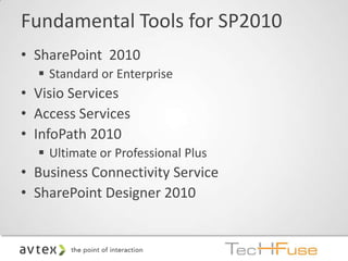 Fundamental Tools for SP2010
• SharePoint 2010
   Standard or Enterprise
• Visio Services
• Access Services
• InfoPath 2010
   Ultimate or Professional Plus
• Business Connectivity Service
• SharePoint Designer 2010
 