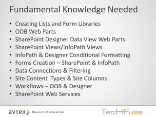 Fundamental Knowledge Needed
•   Creating Lists and Form Libraries
•   OOB Web Parts
•   SharePoint Designer Data View Web Parts
•   SharePoint Views/InfoPath Views
•   InfoPath & Designer Conditional Formatting
•   Forms Creation – SharePoint & InfoPath
•   Data Connections & Filtering
•   Site Content Types & Site Columns
•   Workflows – OOB & Designer
•   SharePoint Web Services
 