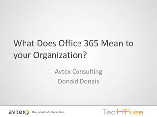 What Does Office 365 Mean to
your Organization?
         Avtex Consulting
          Donald Donais
 