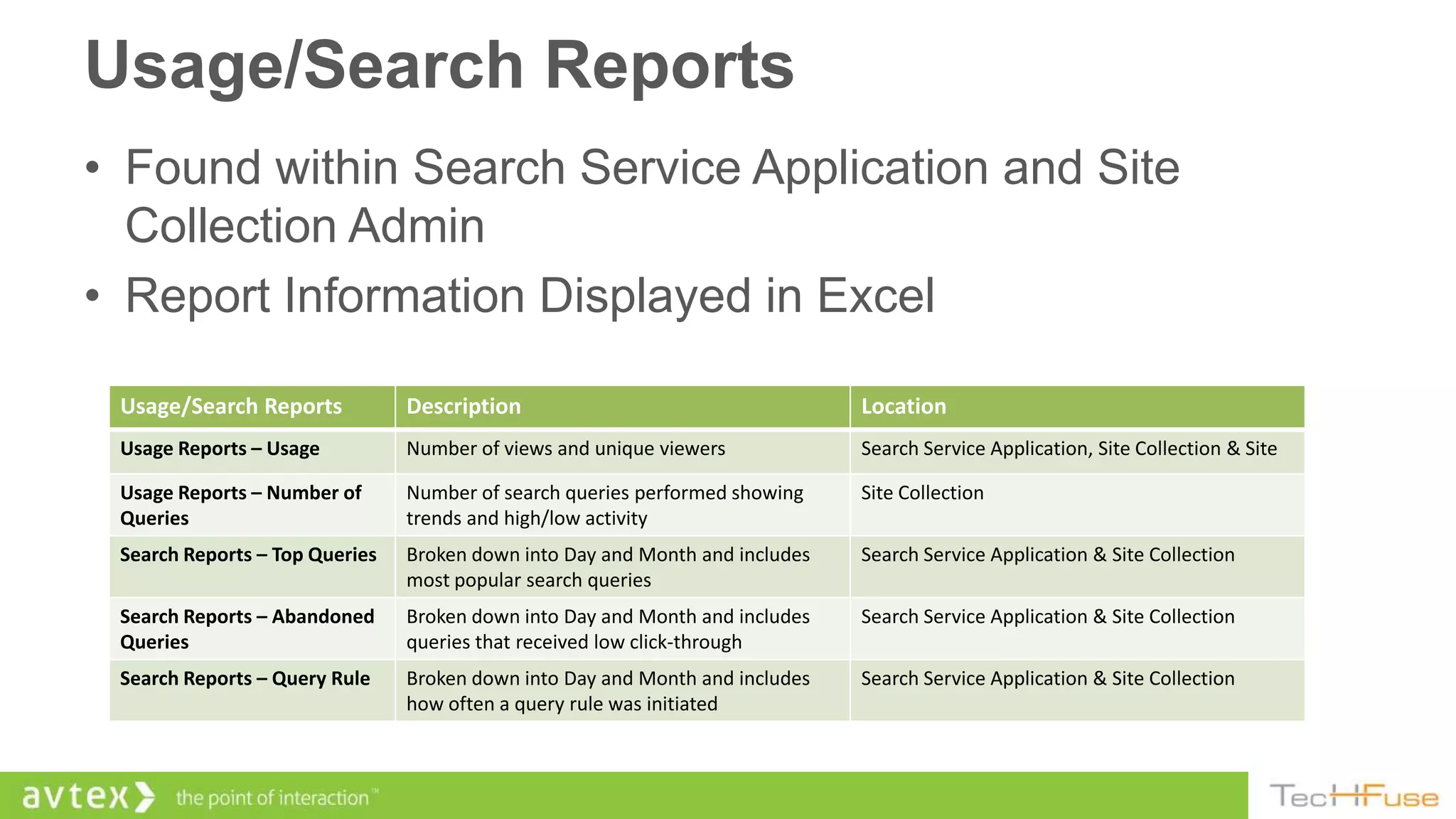 Usage/Search Reports
• Found within Search Service Application and Site
  Collection Admin
• Report Information Displayed in Excel

 Usage/Search Reports           Description                                   Location
 Usage Reports – Usage          Number of views and unique viewers            Search Service Application, Site Collection & Site

 Usage Reports – Number of      Number of search queries performed showing    Site Collection
 Queries                        trends and high/low activity
 Search Reports – Top Queries   Broken down into Day and Month and includes   Search Service Application & Site Collection
                                most popular search queries
 Search Reports – Abandoned     Broken down into Day and Month and includes   Search Service Application & Site Collection
 Queries                        queries that received low click-through
 Search Reports – Query Rule    Broken down into Day and Month and includes   Search Service Application & Site Collection
                                how often a query rule was initiated
 