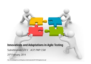 Innovations and Adaptations in Agile Testing
Subrahmaniam S R V ACP, PMP CSM
25th February, 2014
http://knowledgehut.com/blog/wp-content/uploads/2013/04/agilepicture.gif

Slide 1

 