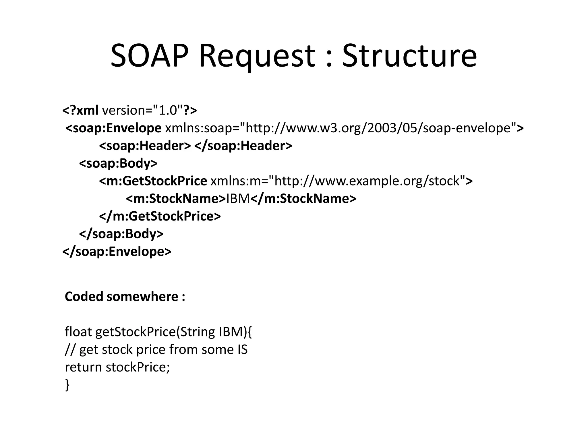SOAP Request : Structure
<?xml version="1.0"?>
<soap:Envelope xmlns:soap="http://www.w3.org/2003/05/soap-envelope">
<soap:Header> </soap:Header>
<soap:Body>
<m:GetStockPrice xmlns:m="http://www.example.org/stock">
<m:StockName>IBM</m:StockName>
</m:GetStockPrice>
</soap:Body>
</soap:Envelope>
Coded somewhere :
float getStockPrice(String IBM){
// get stock price from some IS
return stockPrice;
}
 