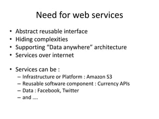 Need for web services
• Abstract reusable interface
• Hiding complexities
• Supporting “Data anywhere” architecture
• Services over internet
• Services can be :
– Infrastructure or Platform : Amazon S3
– Reusable software component : Currency APIs
– Data : Facebook, Twitter
– and ….
 