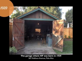 1939
The garage where HP was born in 1939	

367 Addison Avenue, Palo Alto
 