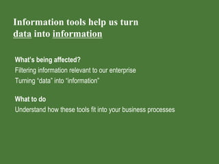 Information tools help us turn
data into information
What’s being affected?
Filtering information relevant to our enterpri...