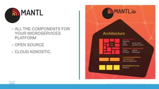 • ALL THE COMPONENTS FOR
YOUR MICROSERVICES
PLATFORM
• OPEN SOURCE
• CLOUD AGNOSTIC.
 