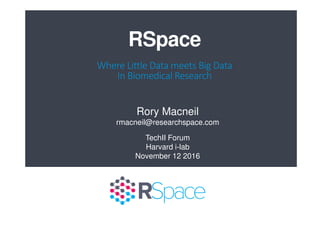 RSpace
Where Little Data meets Big Data
In Biomedical Research
TechII Forum
Harvard i-lab
November 12 2016
Rory Macneil
rmacneil@researchspace.com
 