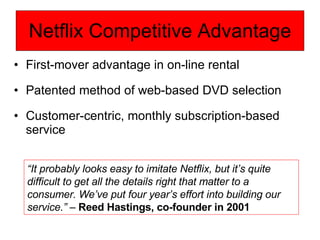 Netflix Competitive Advantage First-mover advantage in on-line rental Patented method of web-based DVD selection Customer-centric, monthly subscription-based service “ It probably looks easy to imitate Netflix, but it’s quite difficult to get all the details right that matter to a consumer. We’ve put four year’s effort into building our service.”  –  Reed Hastings, co-founder in 2001 