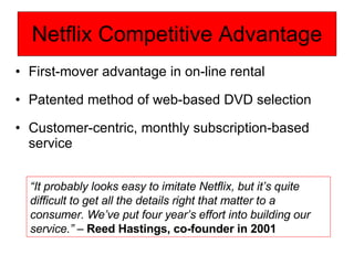 Netflix Competitive Advantage <ul><li>First-mover advantage in on-line rental </li></ul><ul><li>Patented method of web-bas...